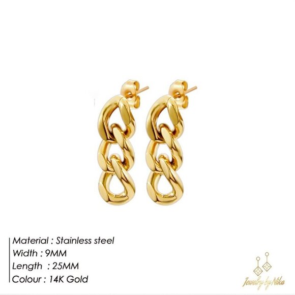 NEW 14K Yellow Gold Invicio Link Chain Boho Luxury Stud Earrings - Picture 1 of 7